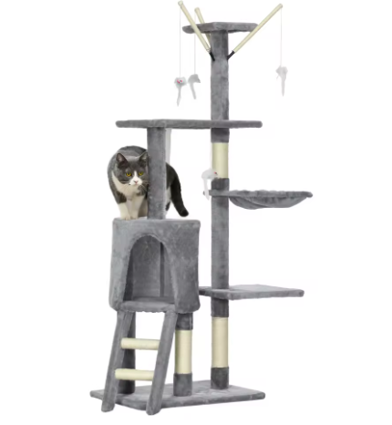 Arbre à Chat 4 niveaux avec Niche & Jouets Suspendus — 134 cm