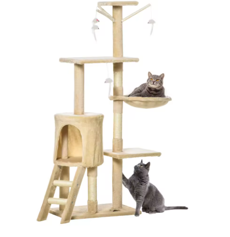 Arbre à Chat 4 niveaux avec Niche & Jouets Suspendus — 134 cm