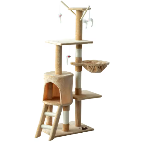 Arbre à Chat 4 niveaux avec Niche & Jouets Suspendus — 134 cm