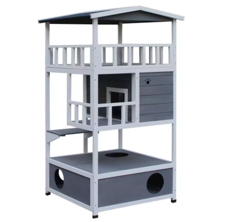 Maison pour Chat en Bois — 3 Niveaux, Toit Résistant 140 cm