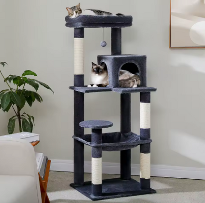 Arbre à Chat 5 niveaux avec Grand Hamac & Niche — 143 cm