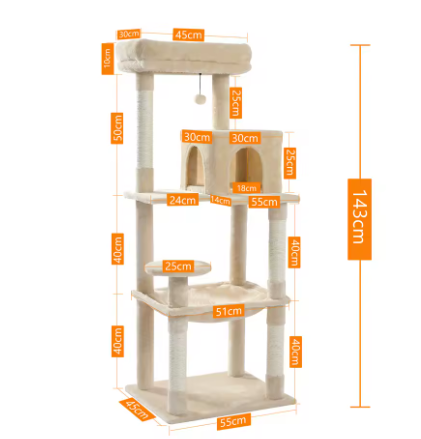 Arbre à Chat 5 niveaux avec Grand Hamac & Niche — 143 cm