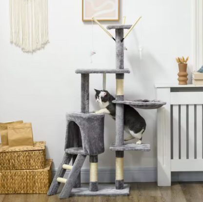 Arbre à Chat 4 niveaux avec Niche & Jouets Suspendus — 134 cm