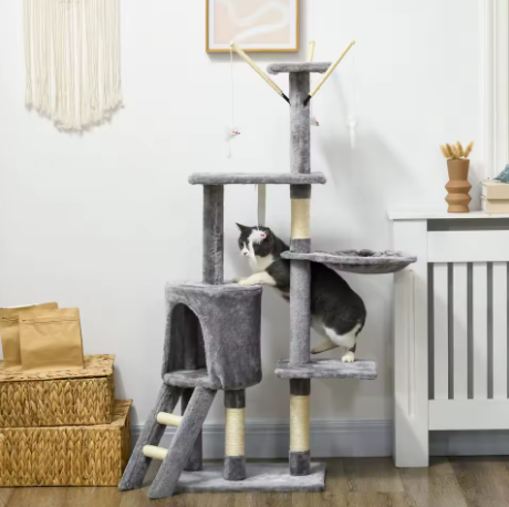 Arbre à Chat 4 niveaux avec Niche & Jouets Suspendus — 134 cm