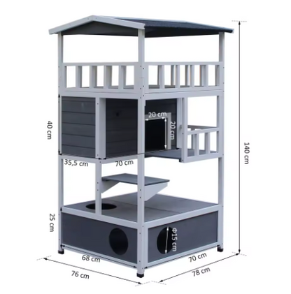 Maison pour Chat en Bois — 3 Niveaux, Toit Résistant 140 cm