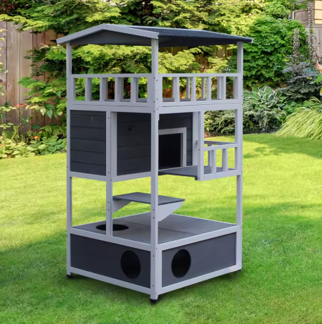 Maison pour Chat en Bois — 3 Niveaux, Toit Résistant 140 cm